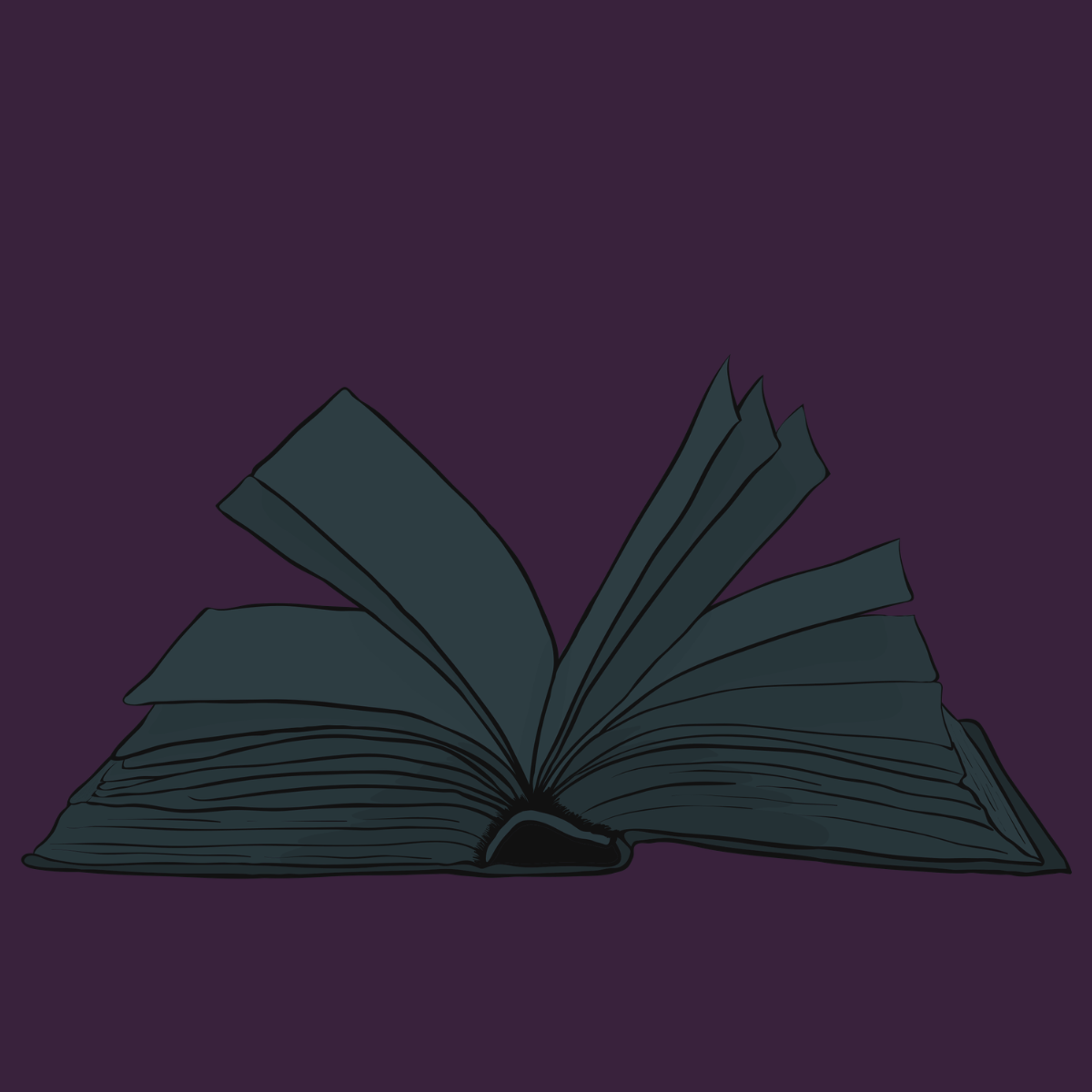 An open book with stars pouring out of it and flying up to the sky