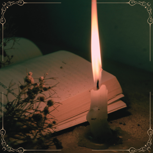 Photo of a lit candle beside a book and a sprig of thistle