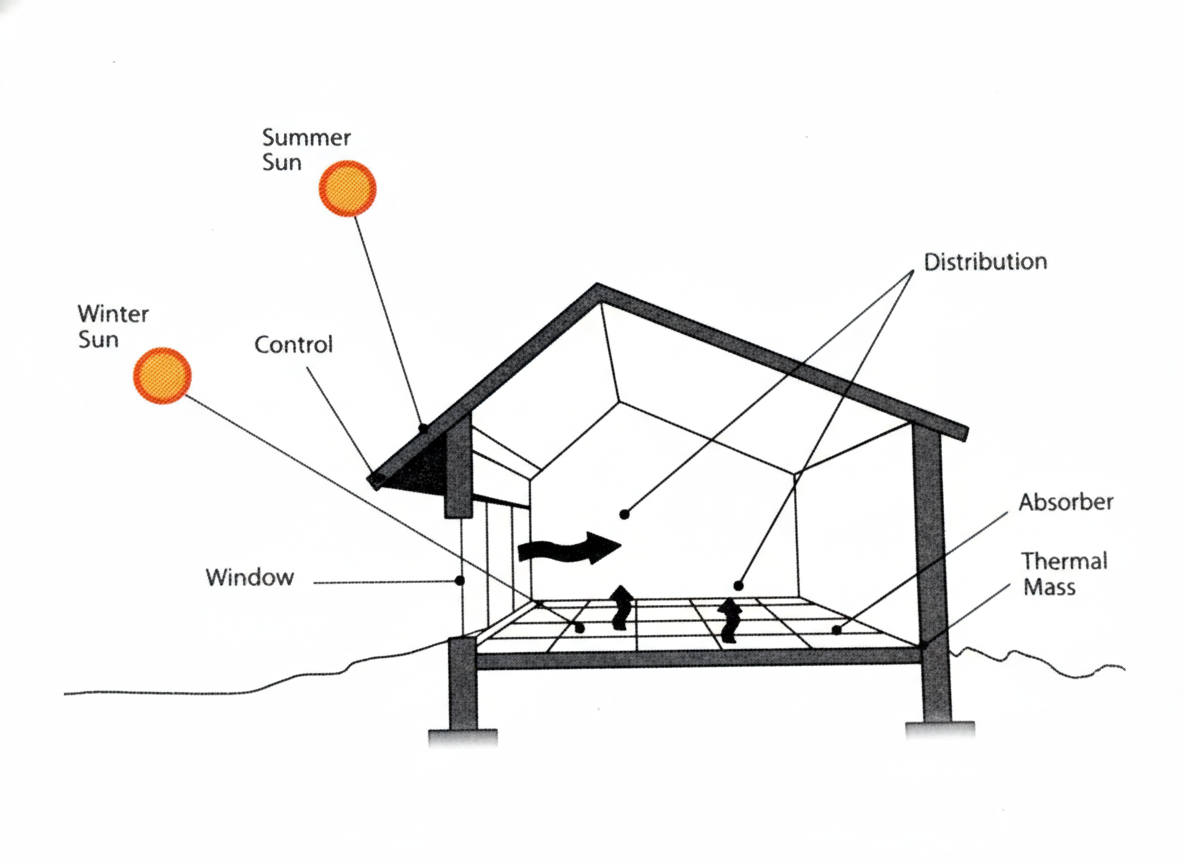 Passive solar home design diagram showing natural heating, cooling, and energy efficiency