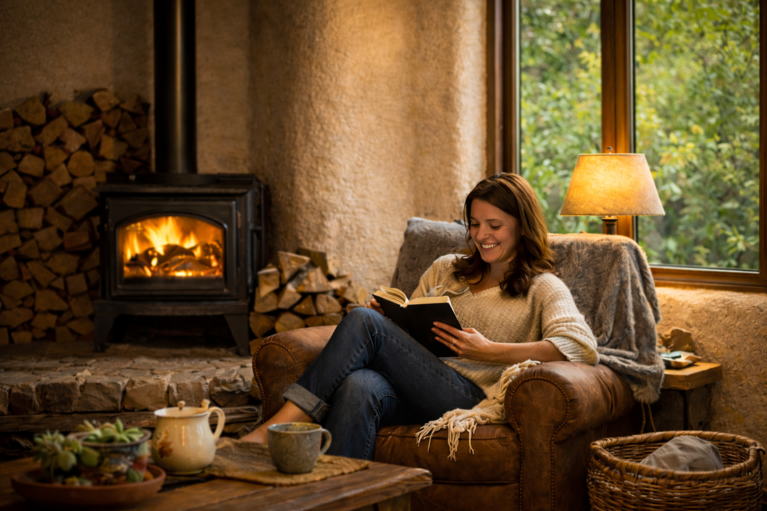 Straw bale home interior showing fireplace warmth, natural materials, and energy-efficient living environment