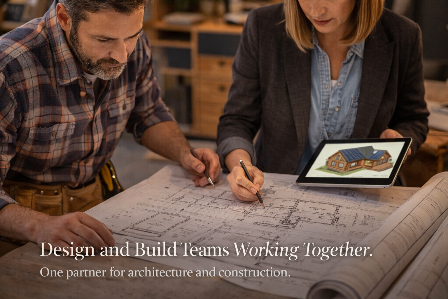 Design-build process showing architect and contractor working together on custom home plans