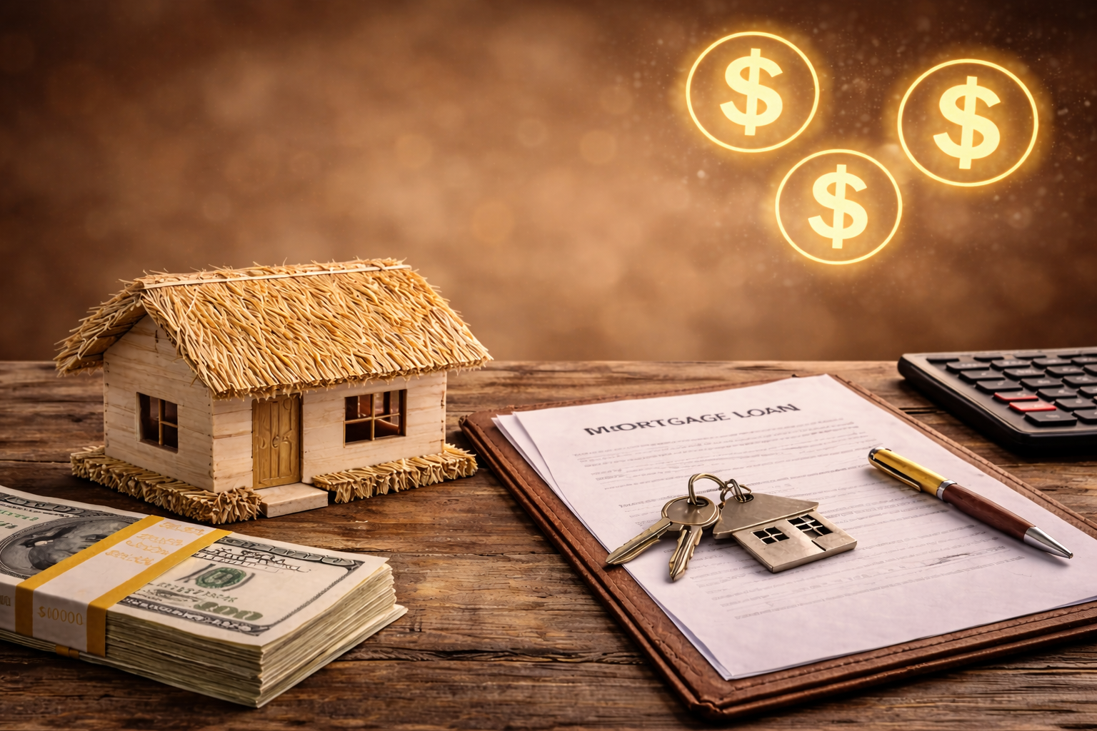 Straw bale home financing concept showing mortgage documents, cash, and home model for securing a custom home loan