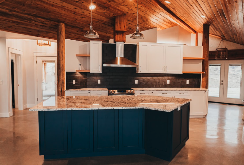 Kitchen interior of EarthCraft straw bale home in Boise Valley showing high-end custom finishes
