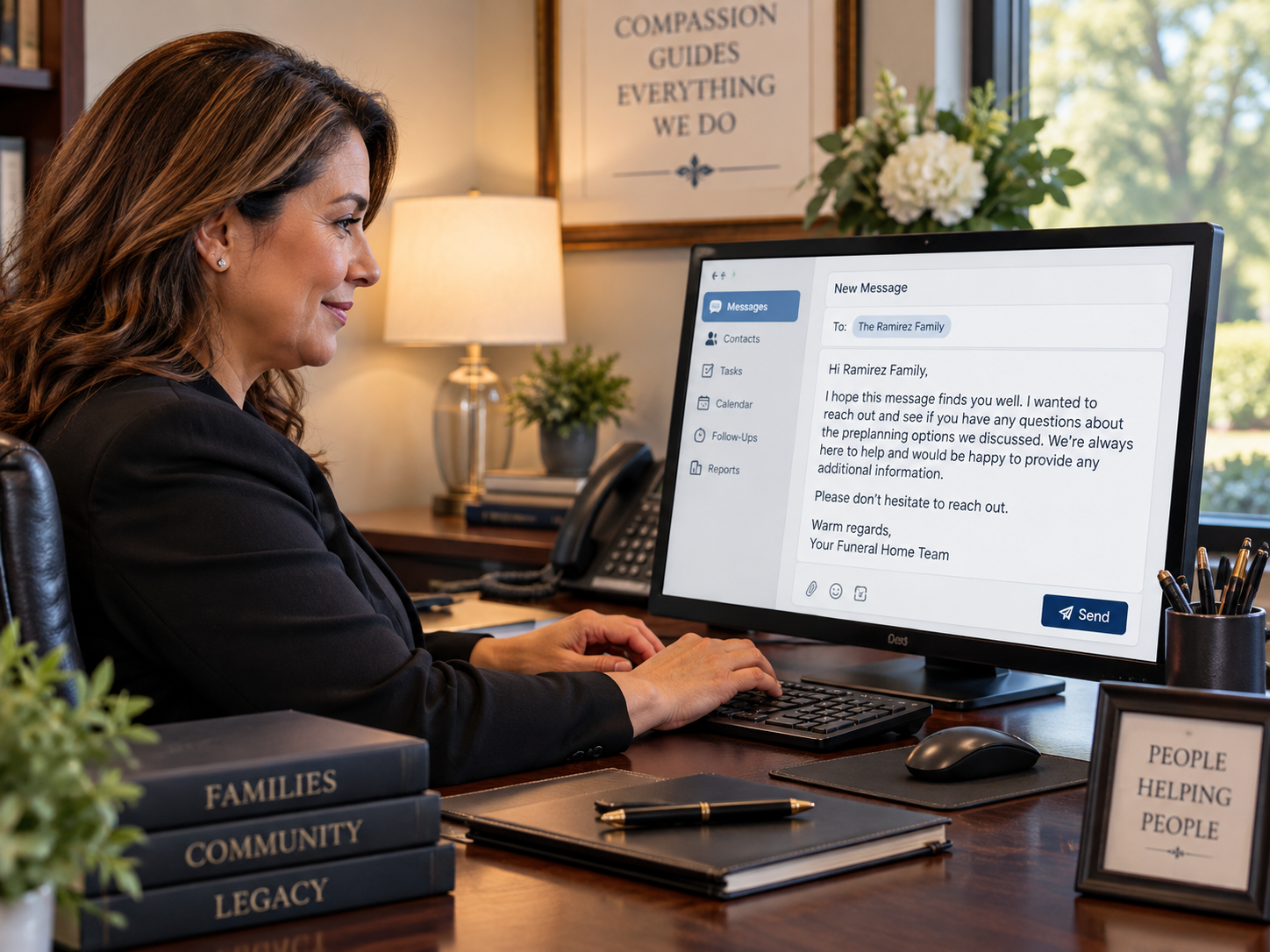 Funeral home staff member sending a follow-up message to a family
