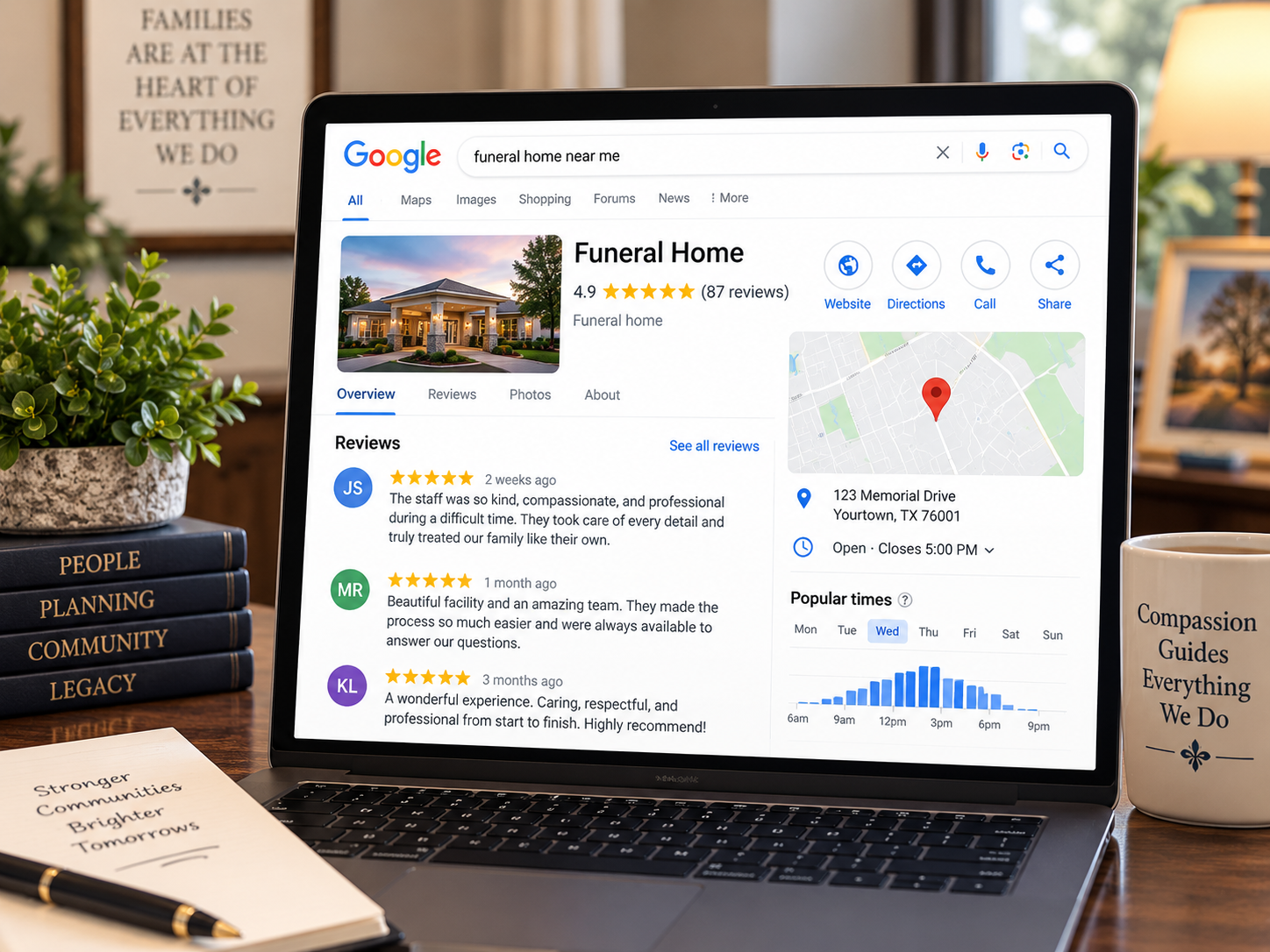 Funeral home Google Business Profile with reviews and map listing
