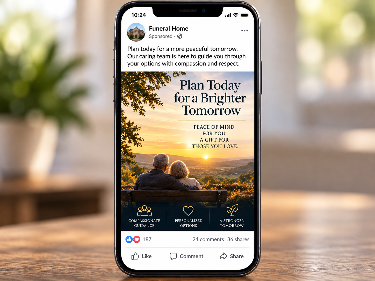 Funeral home advertising campaign shown on a mobile phone
