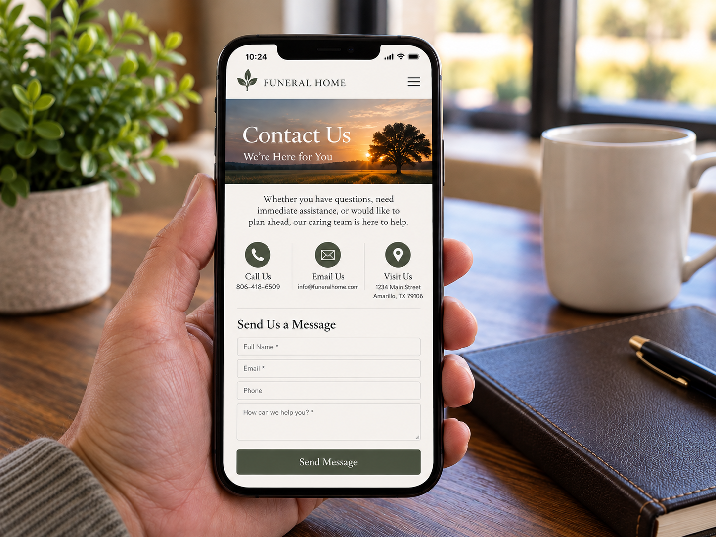Mobile view of a funeral home website contact page