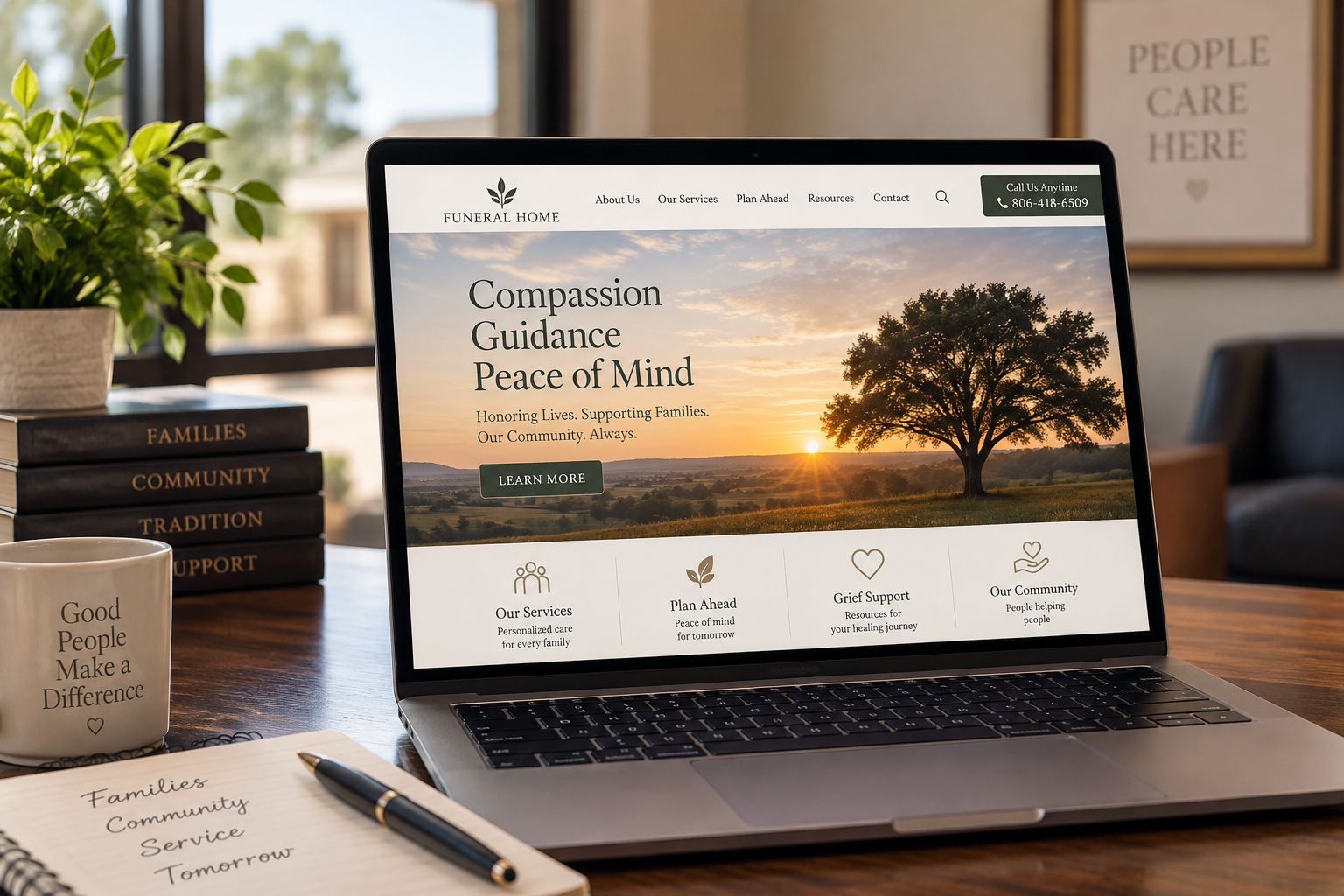 Funeral home website homepage shown on a laptop screen