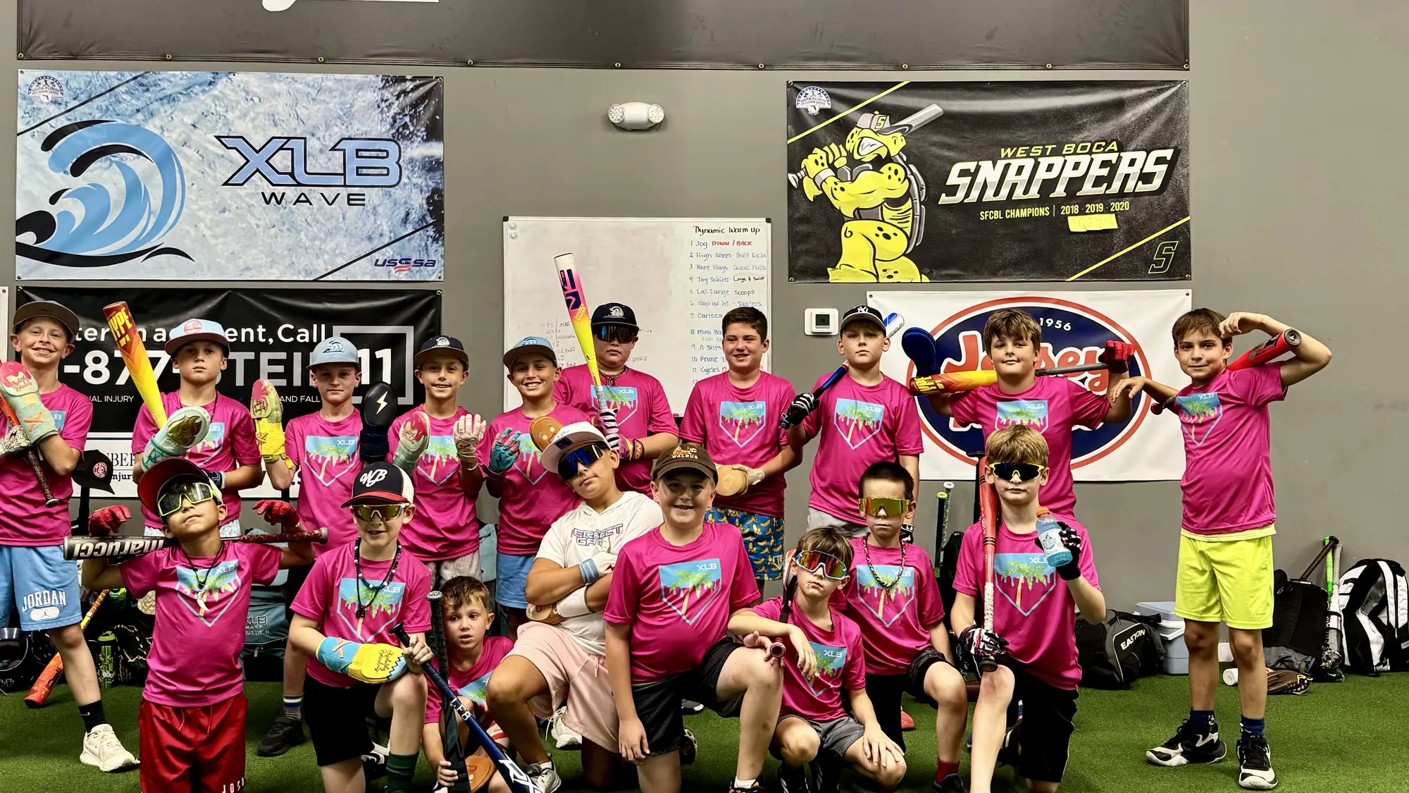 A full group of young players at an XLB Training youth baseball camp in Boynton Beach, Florida