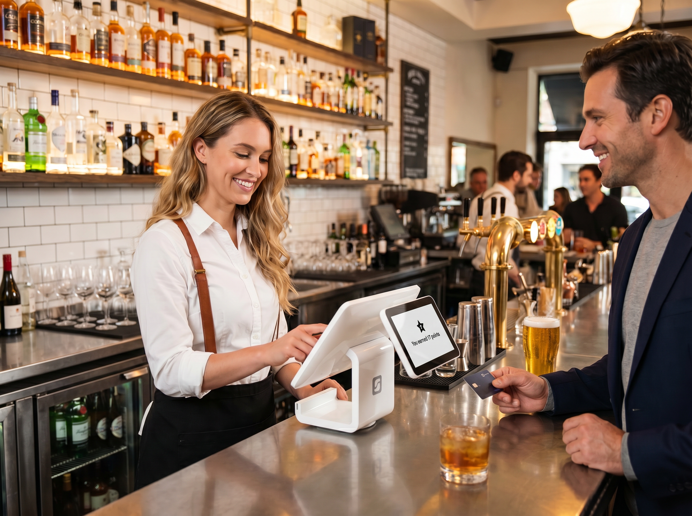 Bartender processing payment on SumUp POS with happy customer