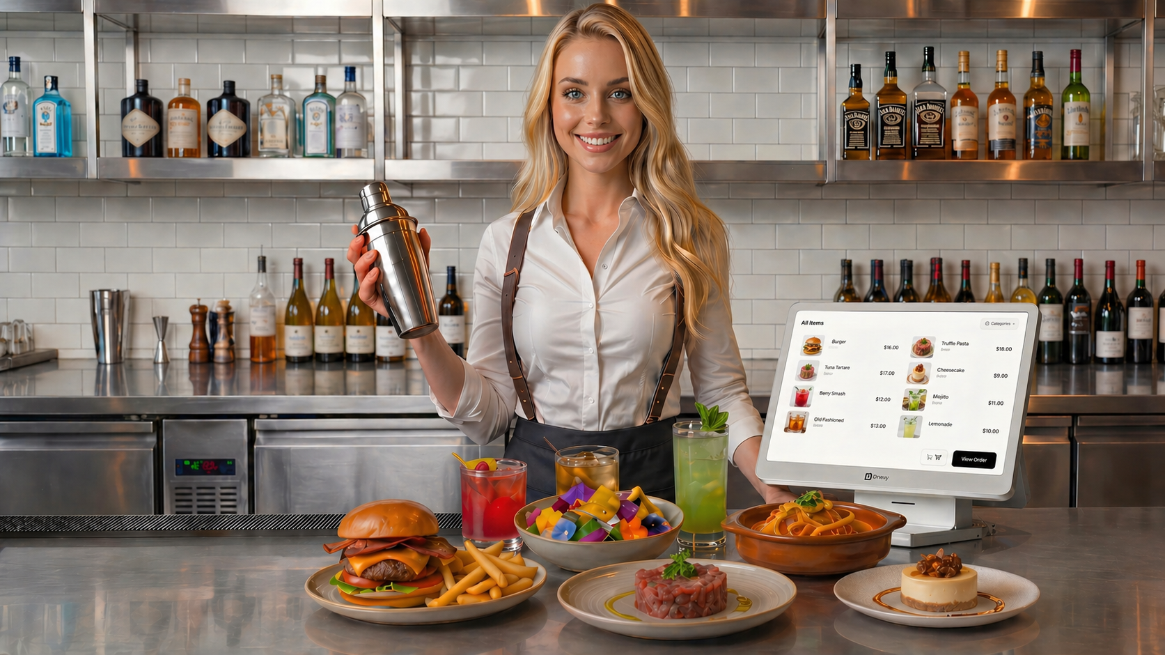 Bartender at a restaurant and bar with POS system and food
