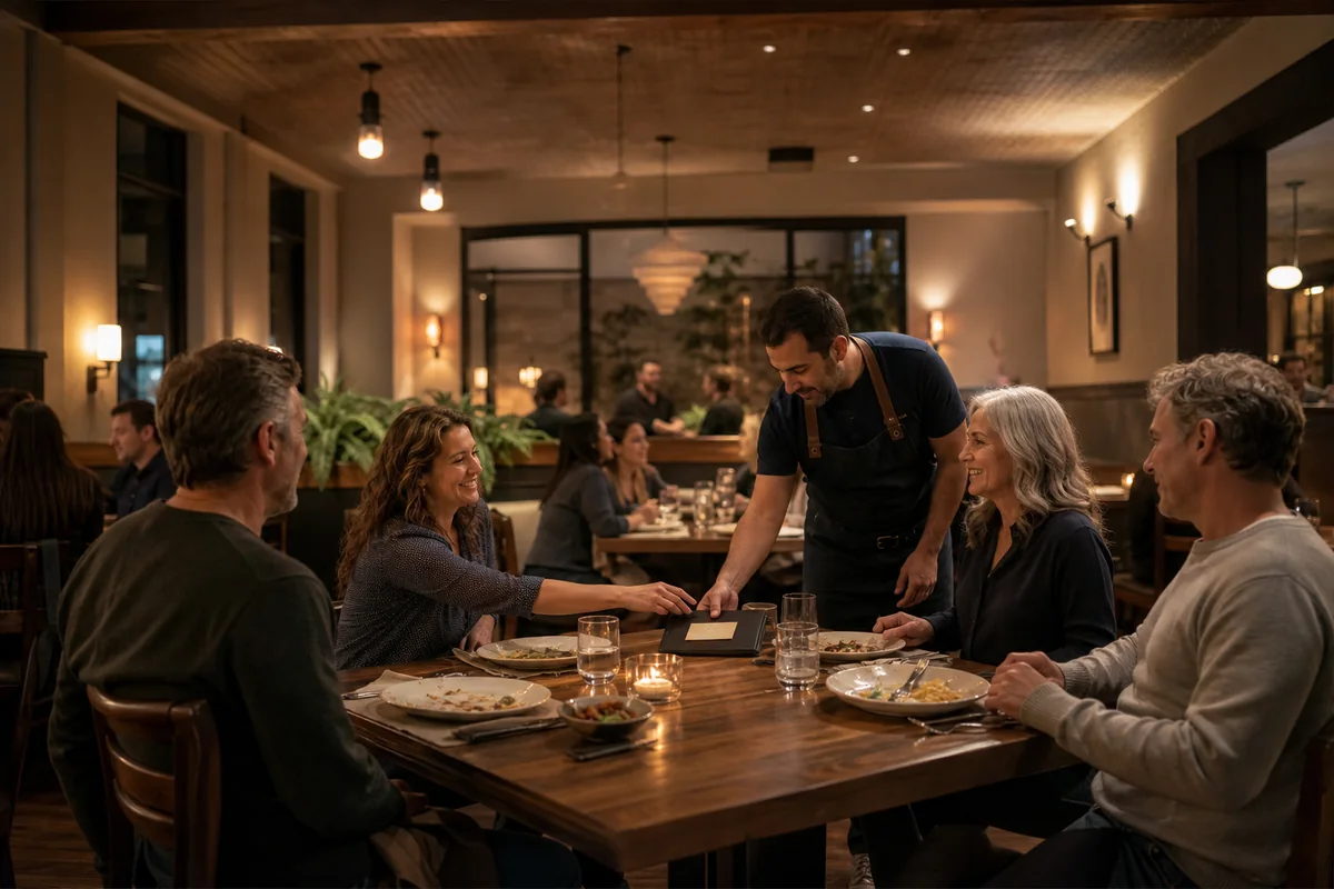 Server handing a check presenter with a blank card to a table of four guests finishing dinner