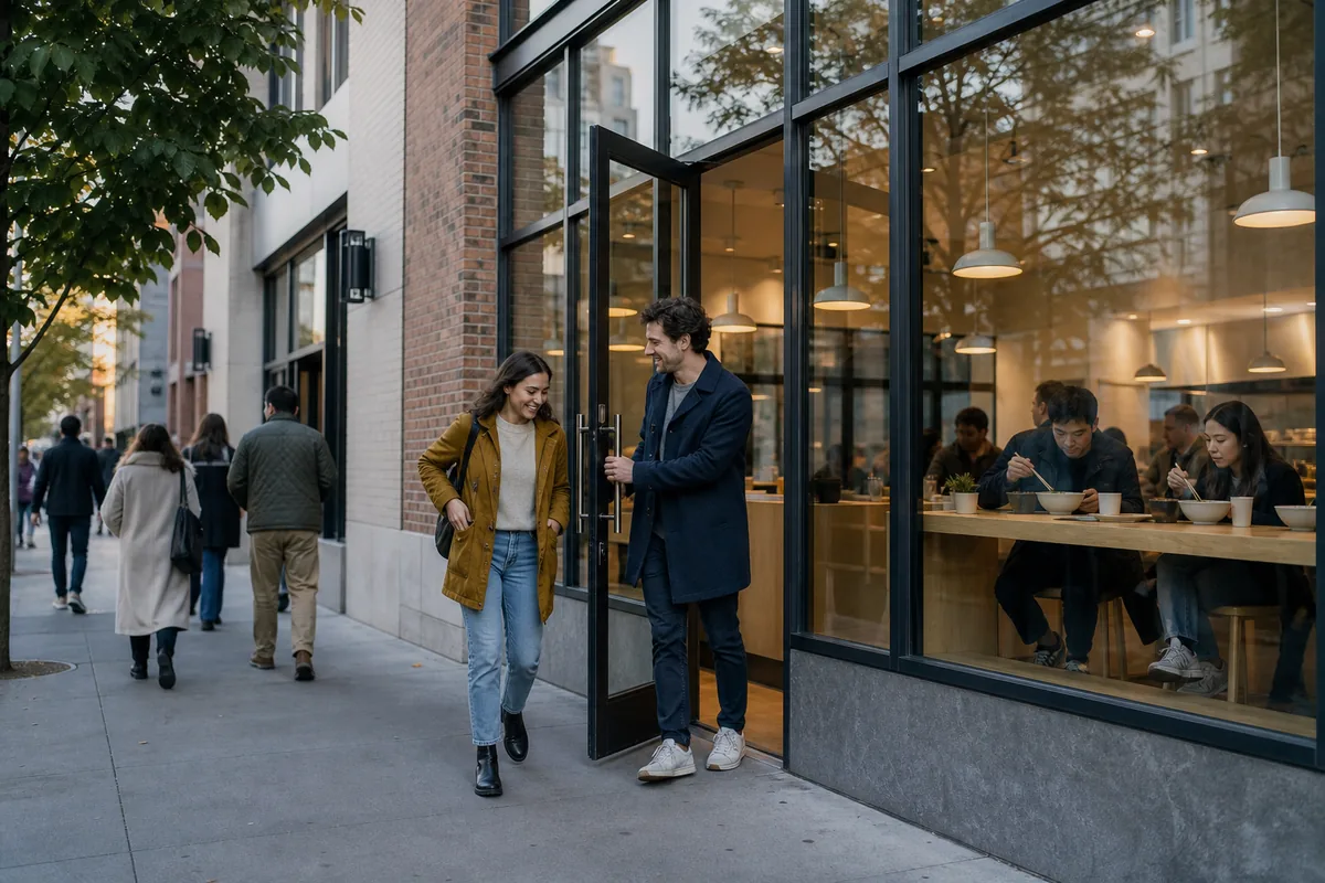 Two friends walking into a bright neighborhood restaurant while diners eat bowls at the window counter