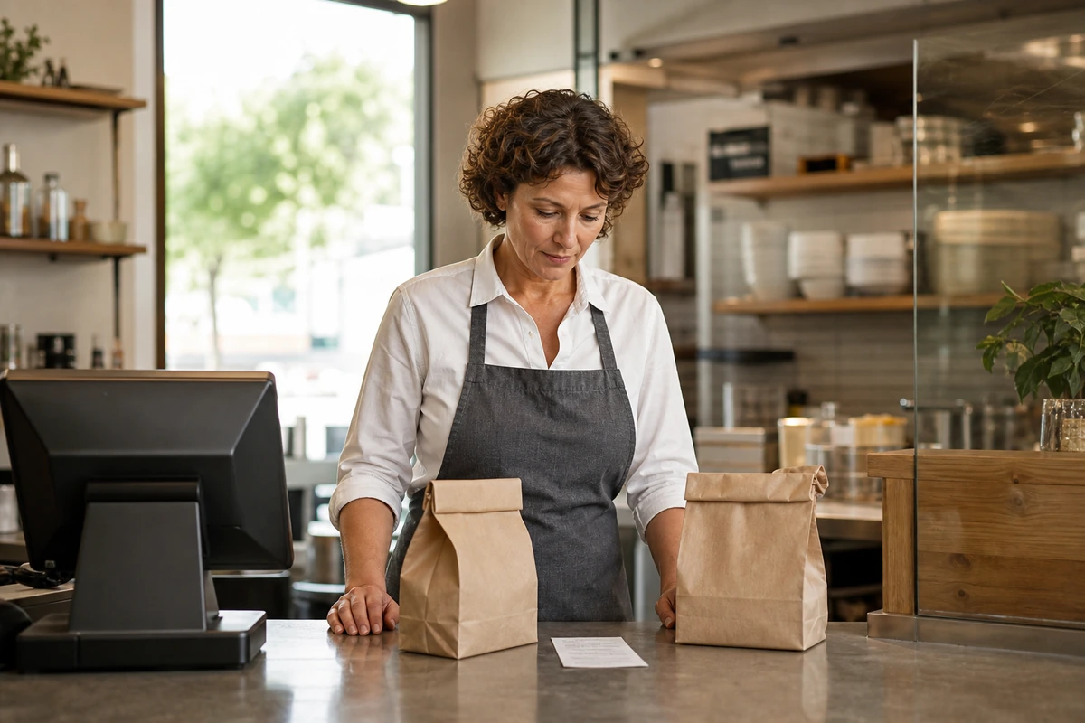 Restaurant manager checking a receipt beside takeout bags at the counter