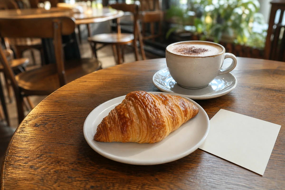 Croissant, cappuccino, and a plain card on a cafe table