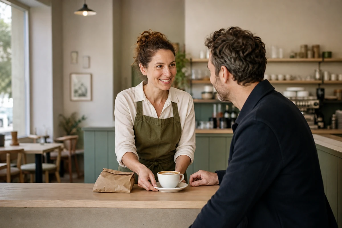 Barista confirming a regular guest's coffee order at a neighborhood cafe counter