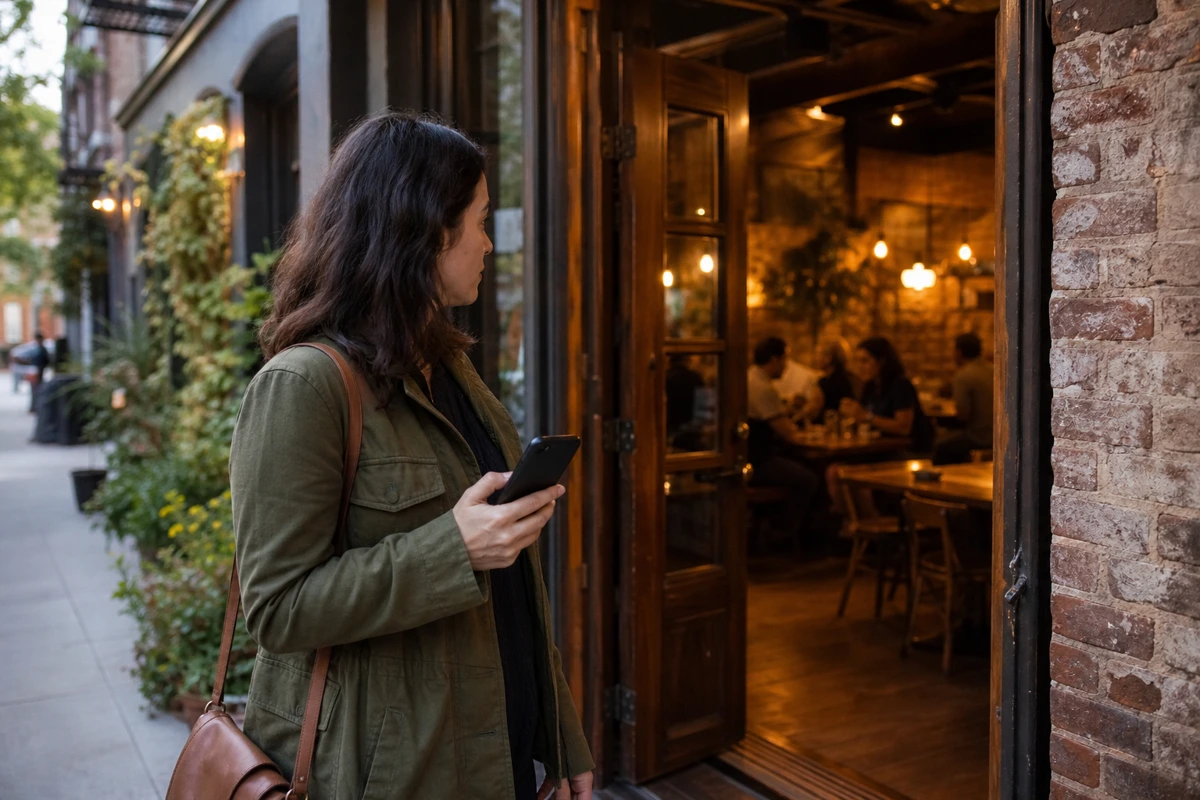 Guest holding an unbranded phone beside the open entrance of a neighborhood restaurant