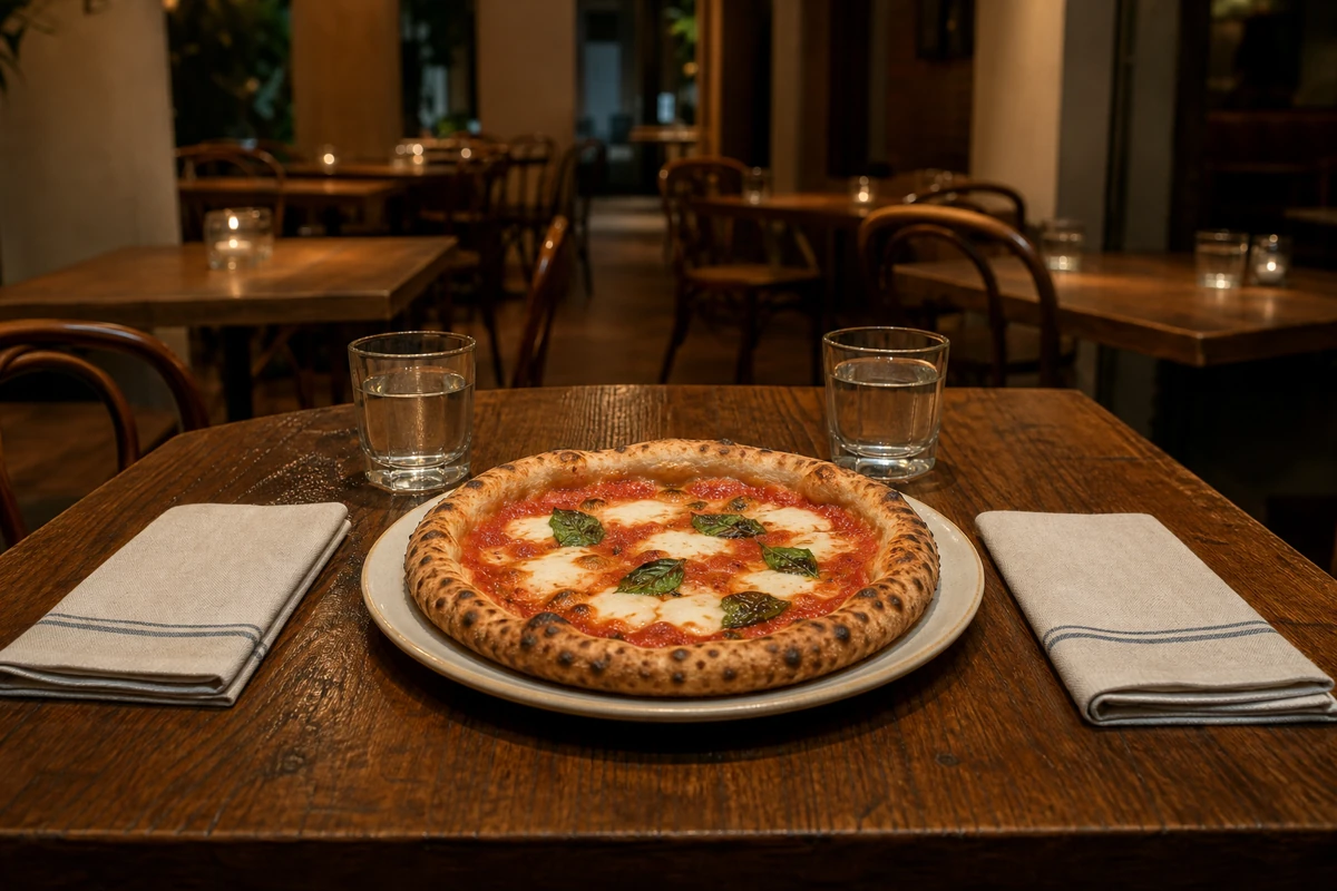 Margherita pizza and water glasses on a table in a quiet neighborhood pizzeria