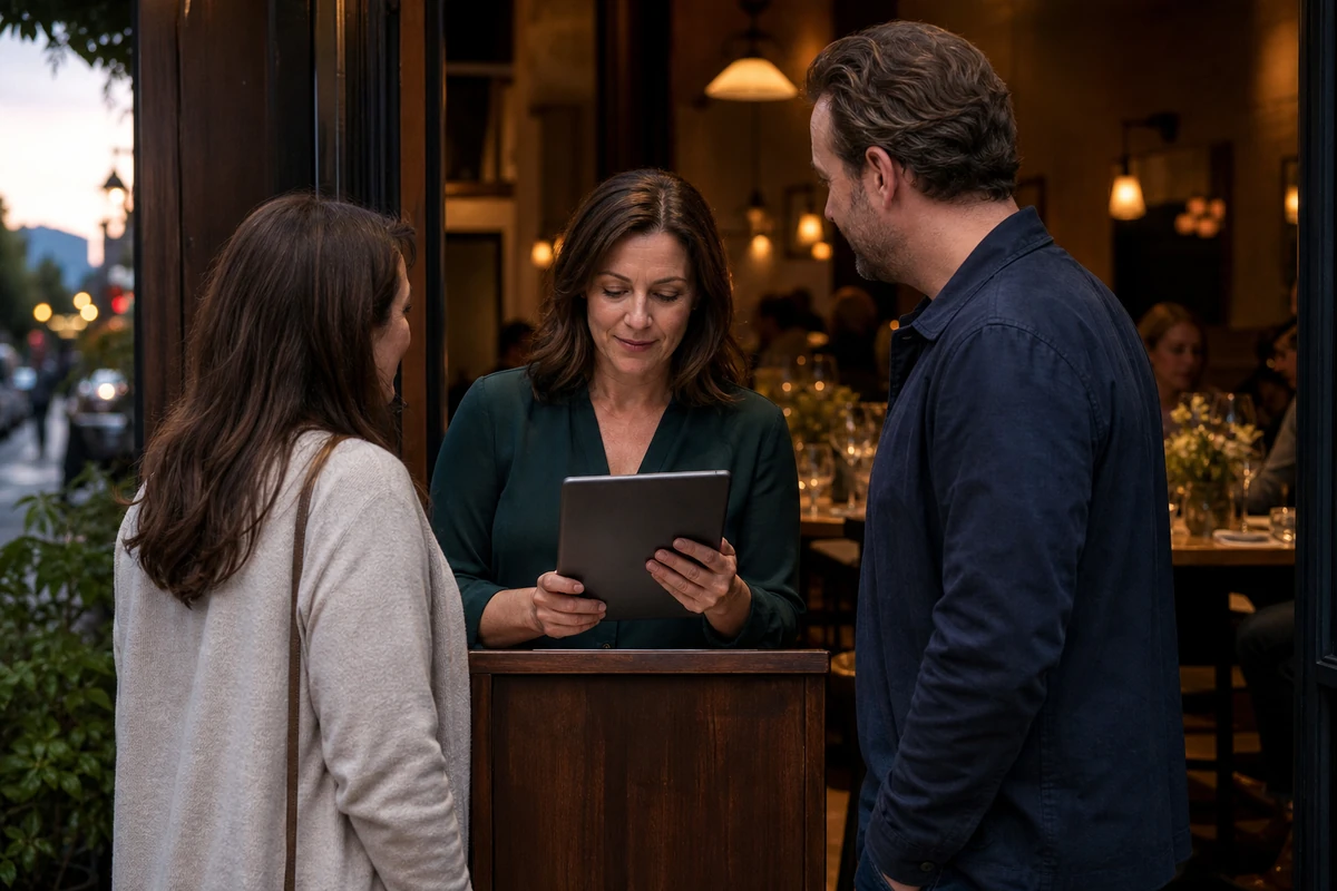 Restaurant host checking an unbranded tablet while welcoming two dinner guests at the entrance