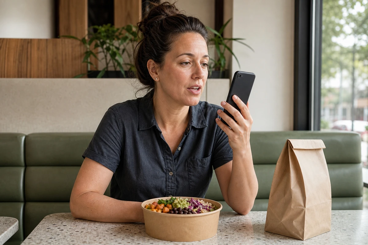 Woman speaking toward an unbranded smartphone beside a takeaway bowl in a restaurant