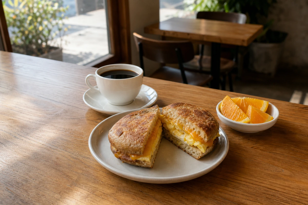 Black coffee, an egg-and-cheese breakfast sandwich and orange segments on a sunlit cafe table