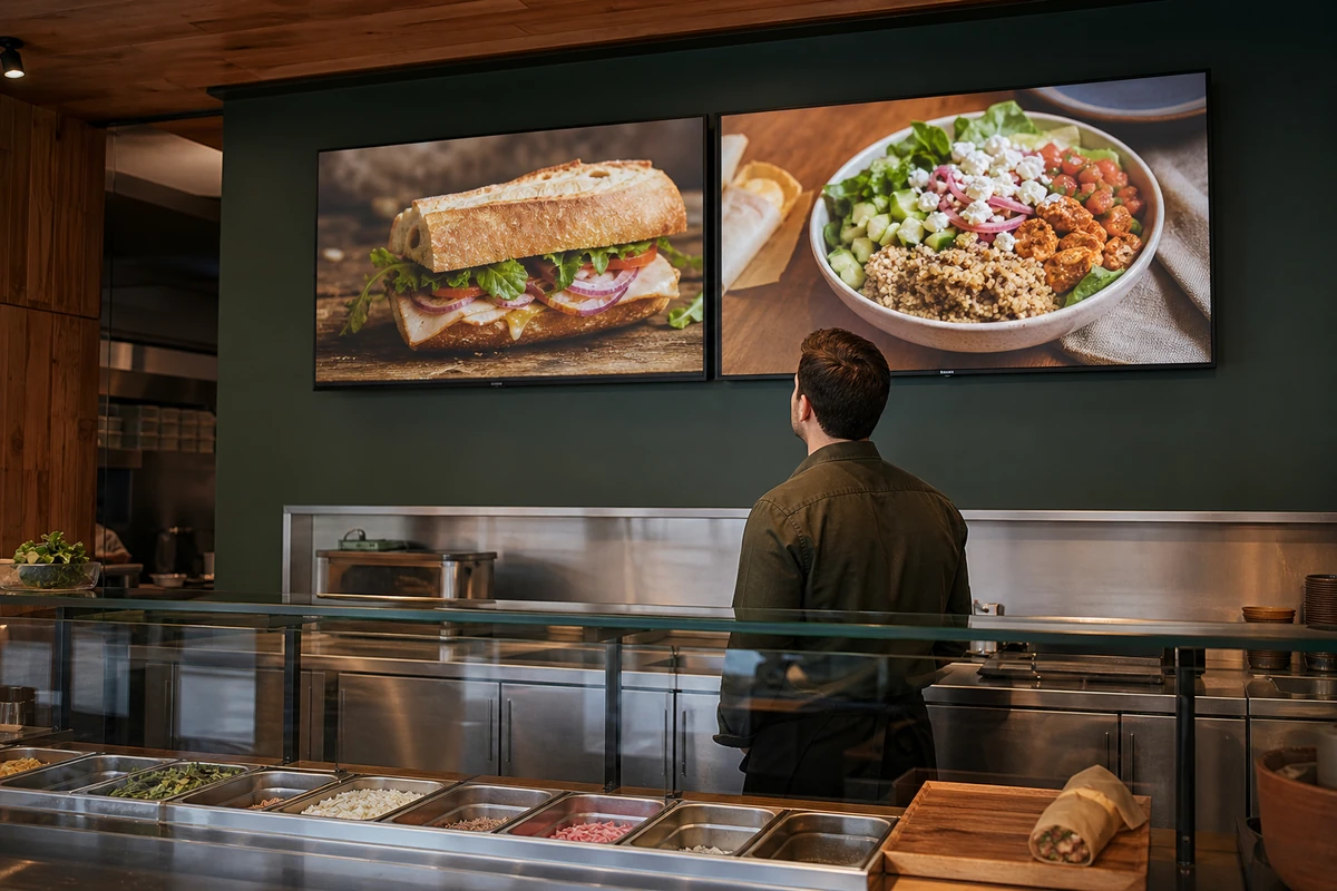 Restaurant manager looking at overhead food displays behind a service counter