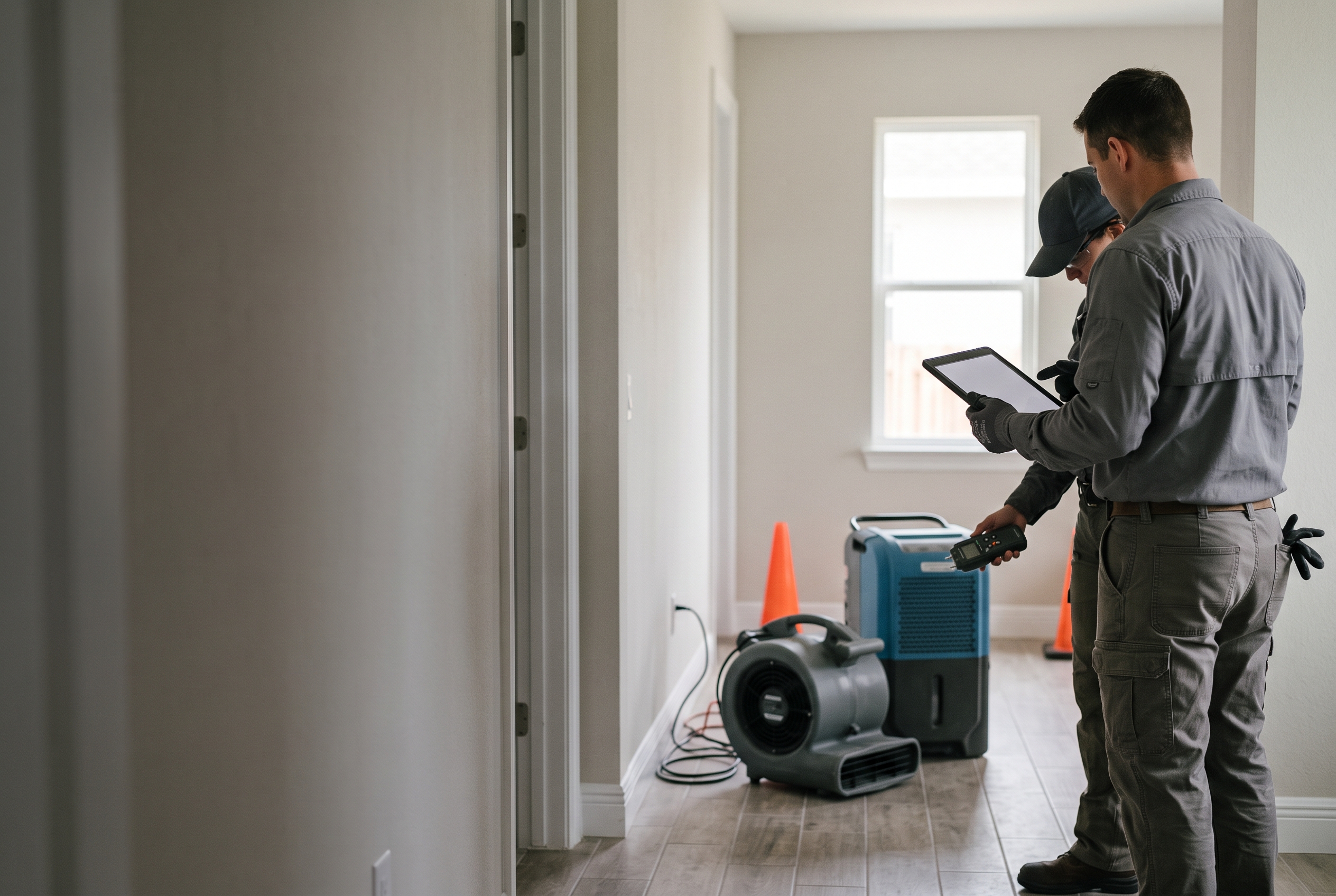 Restoration professionals reviewing a property