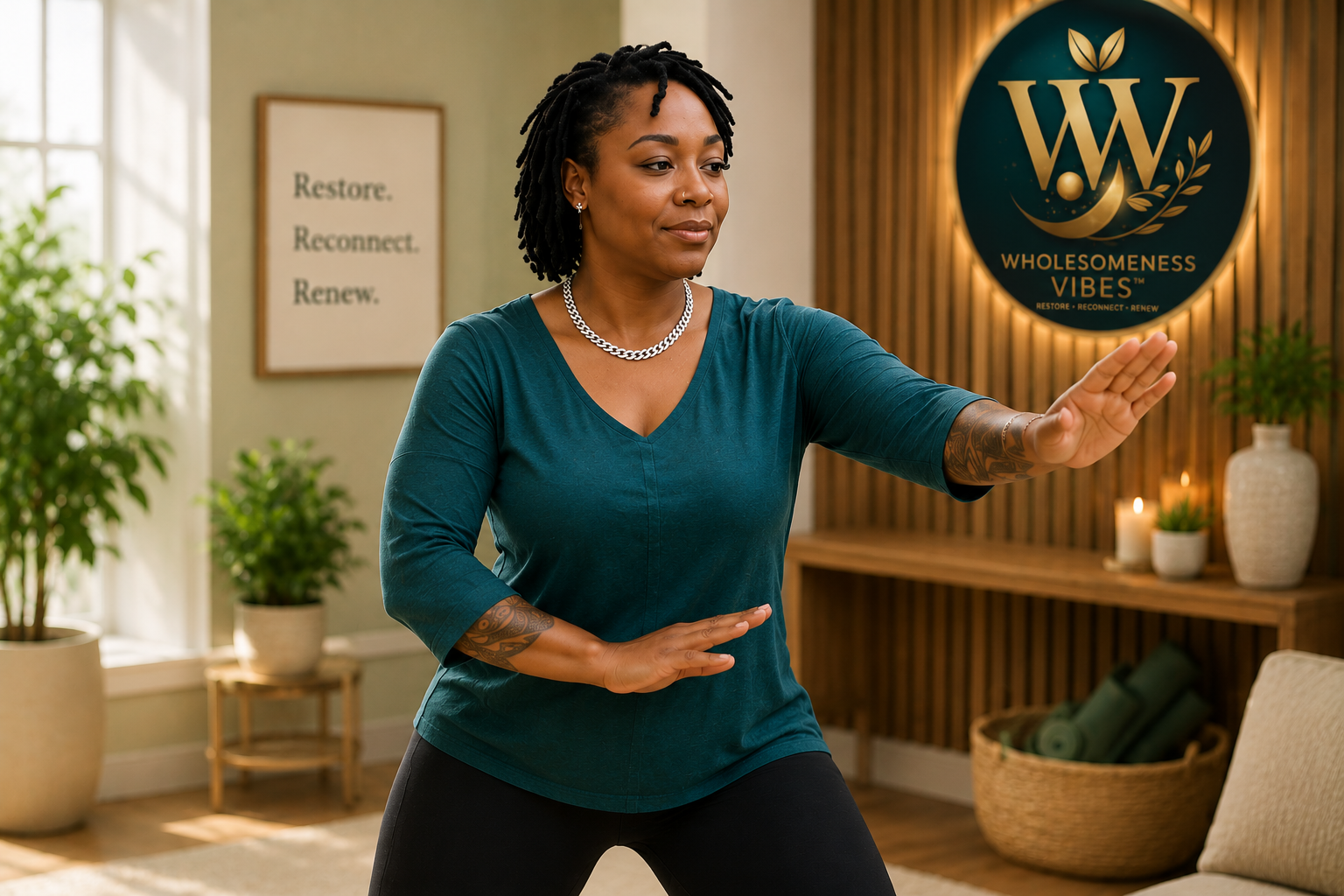 CC guiding a gentle Tai Chi movement in the Wholesomeness Vibes studio.