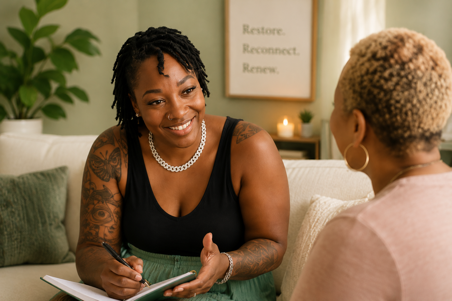CC in a warm one-on-one wellness coaching conversation with a client.