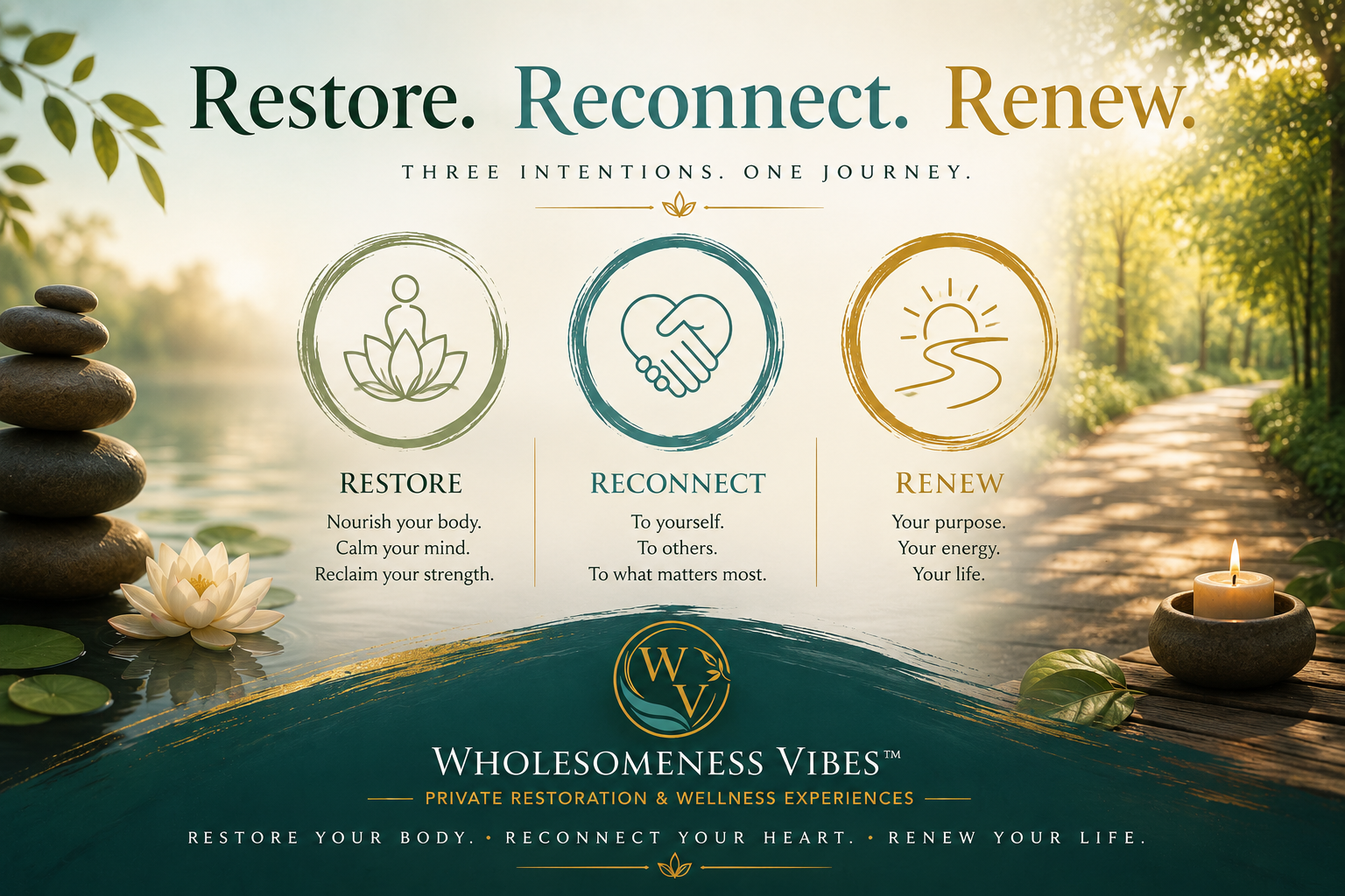Restore. Reconnect. Renew. Three intentions, one journey. Restore — nourish your body, calm your mind, reclaim your strength. Reconnect — to yourself, to others, to what matters most. Renew — your purpose, your energy, your life.