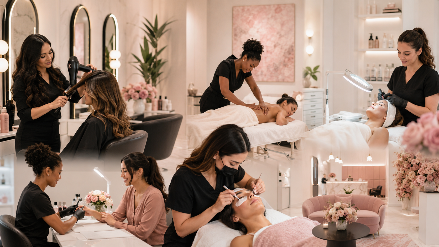 Salon services including hair styling, facials, massage, nails, esthetician services, and lashes