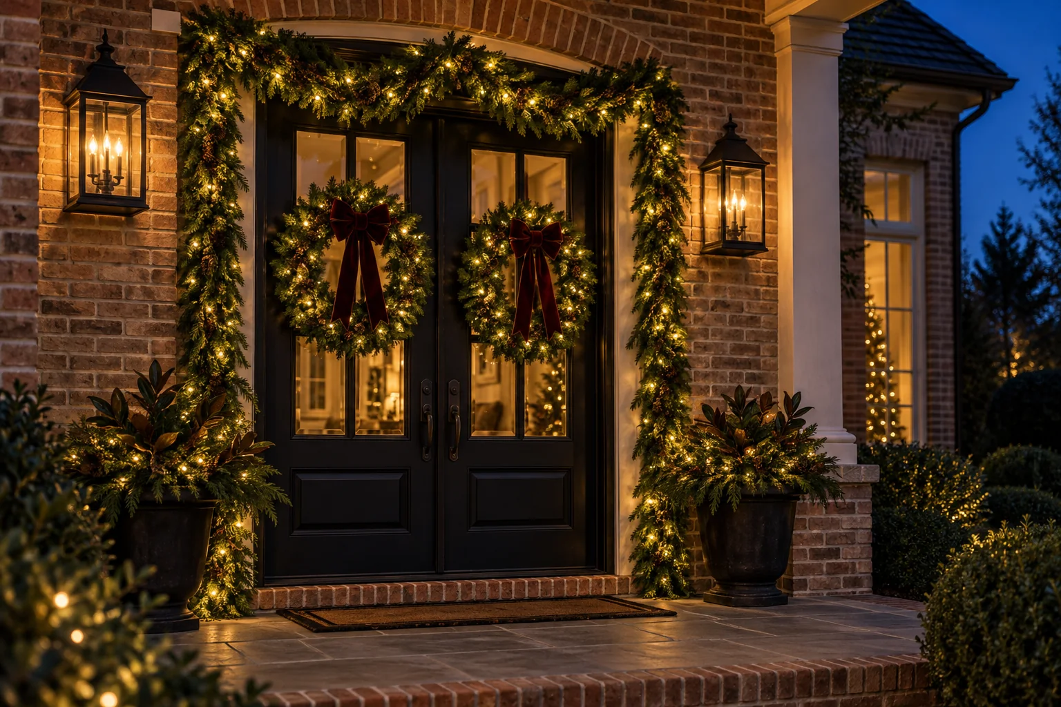 Holiday lighting inspiration: warm-white garland and illuminated wreaths around a welcoming brick-home entrance.