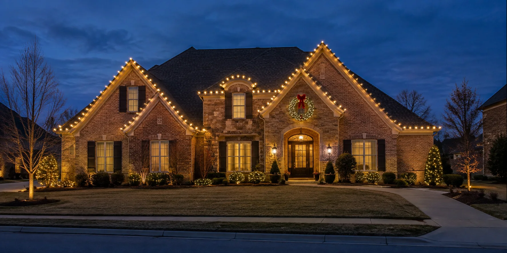 Christmas lighting inspiration: warm-white roofline lights and an illuminated wreath on a brick home at dusk.