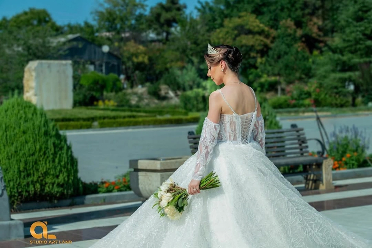Back view of bridal hairstyle and dress