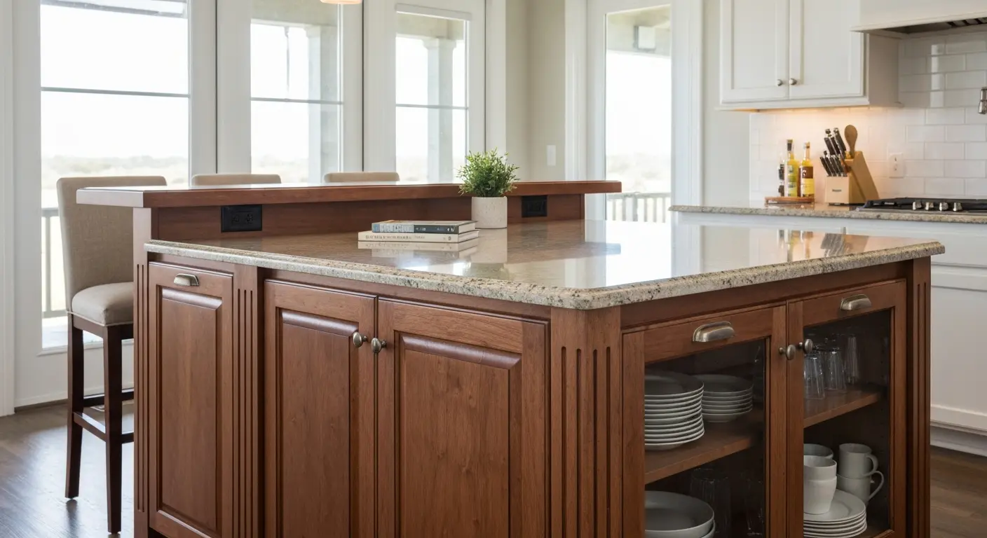 Kitchen island with custom cabinetry and seating