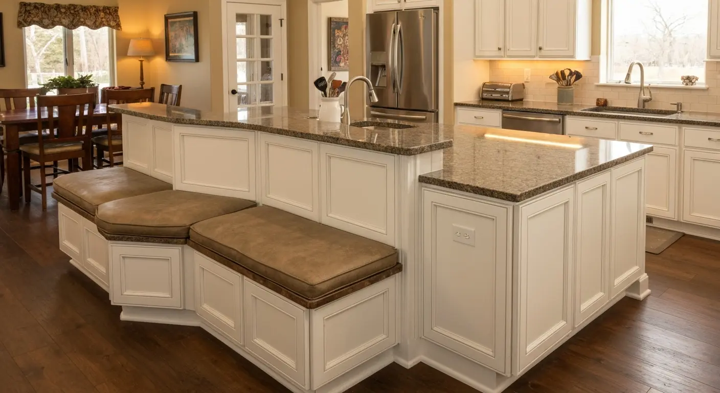 Family gathering around an island with curved seating