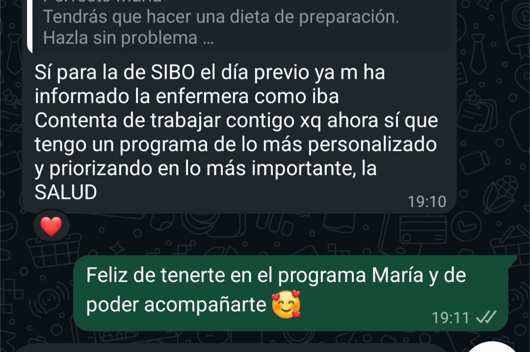 Testimonio WhatsApp — María, programa personalizado, SIBO