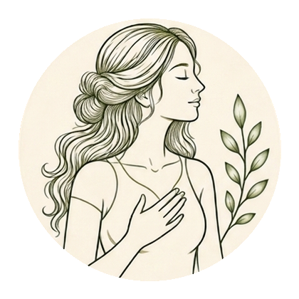 Illustration of a woman with her eyes closed, one hand resting on her chest, breathing calmly