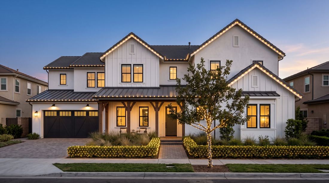 Large modern farmhouse at dusk with lights on every gable, a lit tree and netted hedges