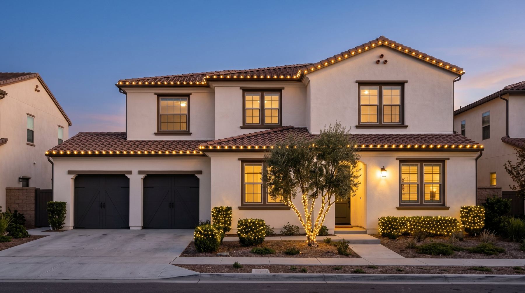 Two-story Spanish-style home at dusk with warm white C9 lights on every roofline, a lit olive tree and netted bushes