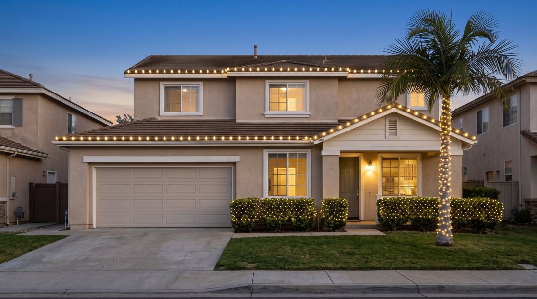 Two-story tract home at dusk with roofline lights, a wrapped palm and netted shrubs