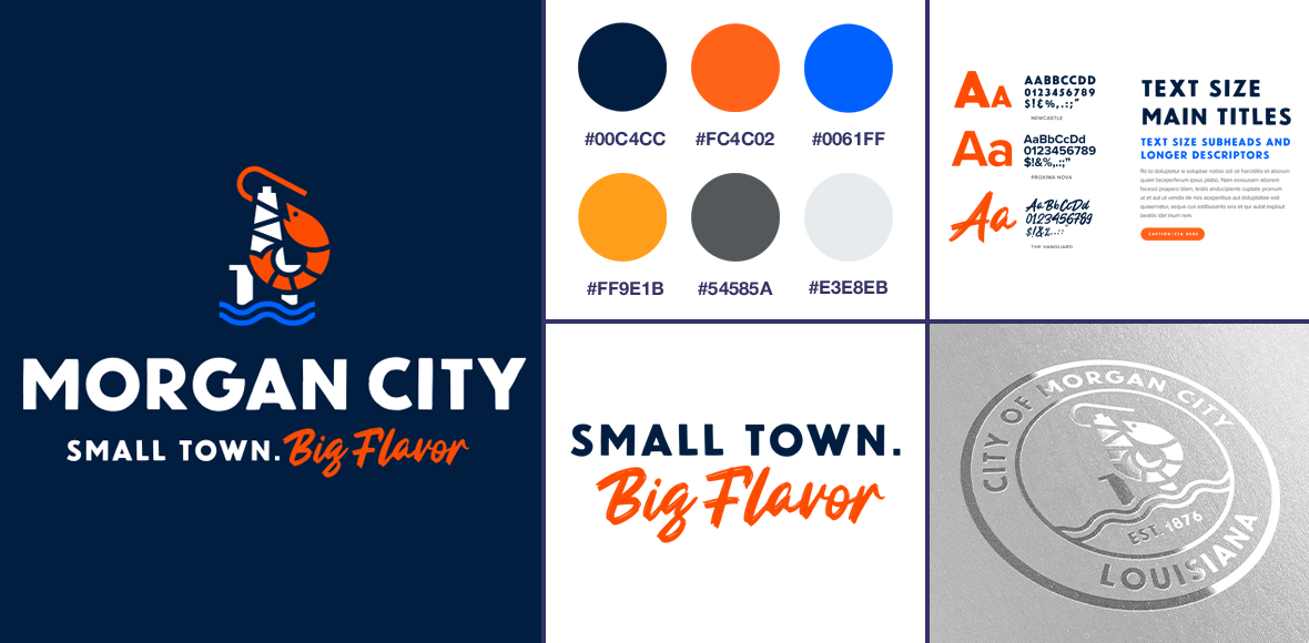Morgan City identity system showing logo, color palette, typography, slogan treatment, and real-world application across signage, merchandise, and digital surfaces