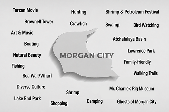 Morgan City value map showing community-identified values surrounding the city silhouette, with slogan-defining values highlighted in brand orange