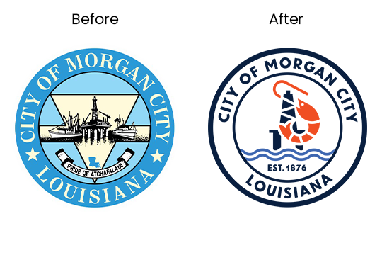 Morgan City seal before and after, showing the outdated original seal next to the new identity mark featuring shrimp and petroleum heritage