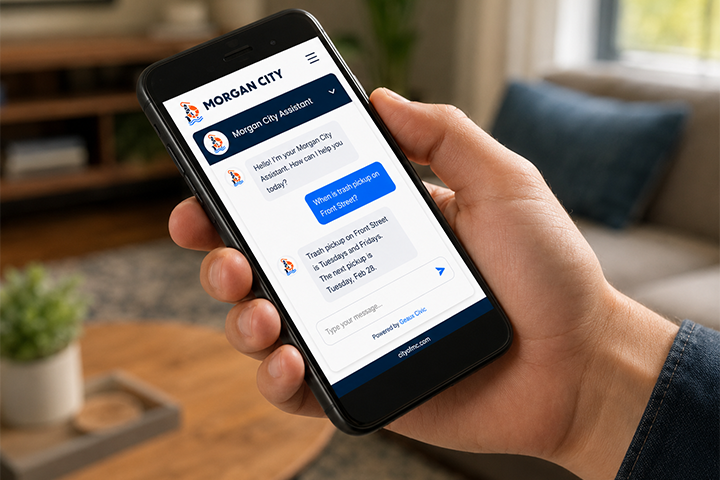 Morgan City Assistant chatbot on a smartphone showing a resident asking about trash pickup and receiving an immediate, accurate response from the AI-powered citizen assistant