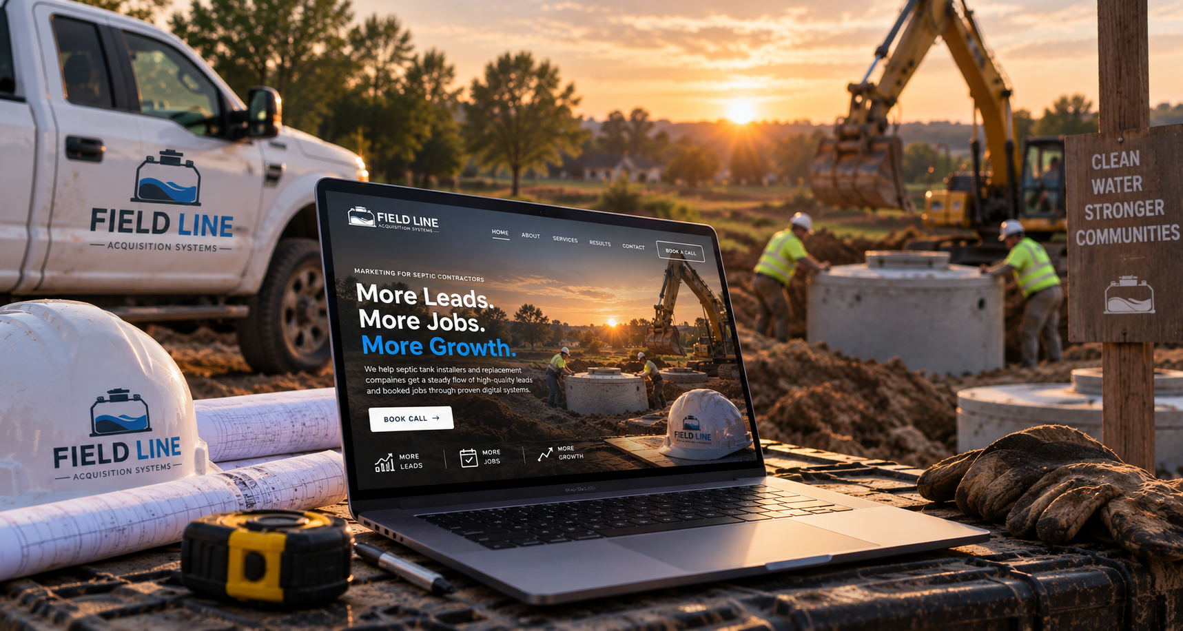 An open Field Line laptop on a construction-site workbench at sunset, with septic installers at work behind it.