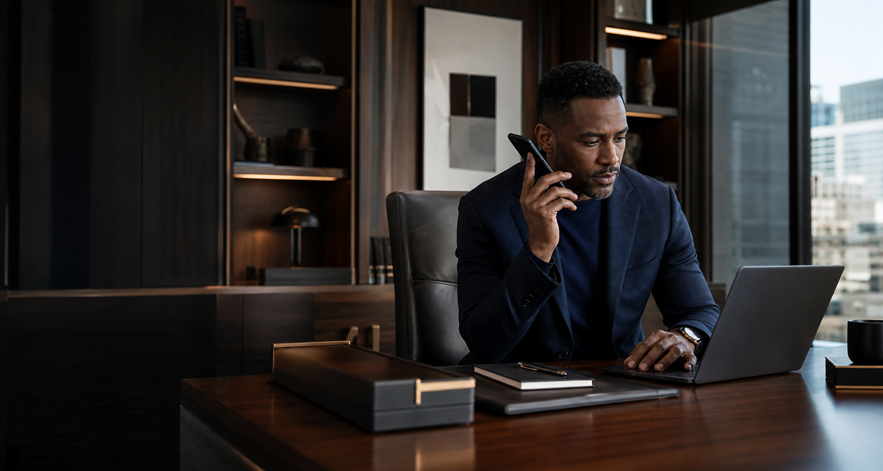 Black executive receiving a discreet phone briefing while reviewing his laptop in a private office