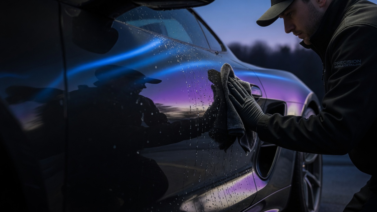Mobile detailer hand-polishing a car panel, water sheeting off the paint