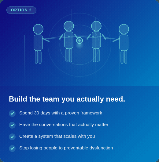 Option 2: Build the team you actually need. Spend 30 days with a proven framework. Have the conversations that actually matter. Create a system that scales with you. Stop losing people to preventable dysfunction.