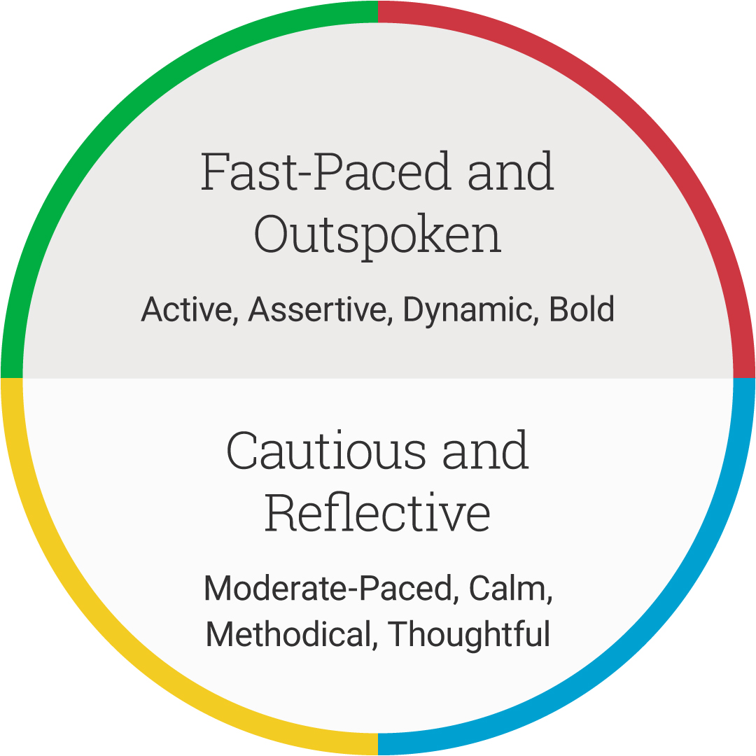 The DiSC® circle split by pace: fast-paced and outspoken above, cautious and reflective below